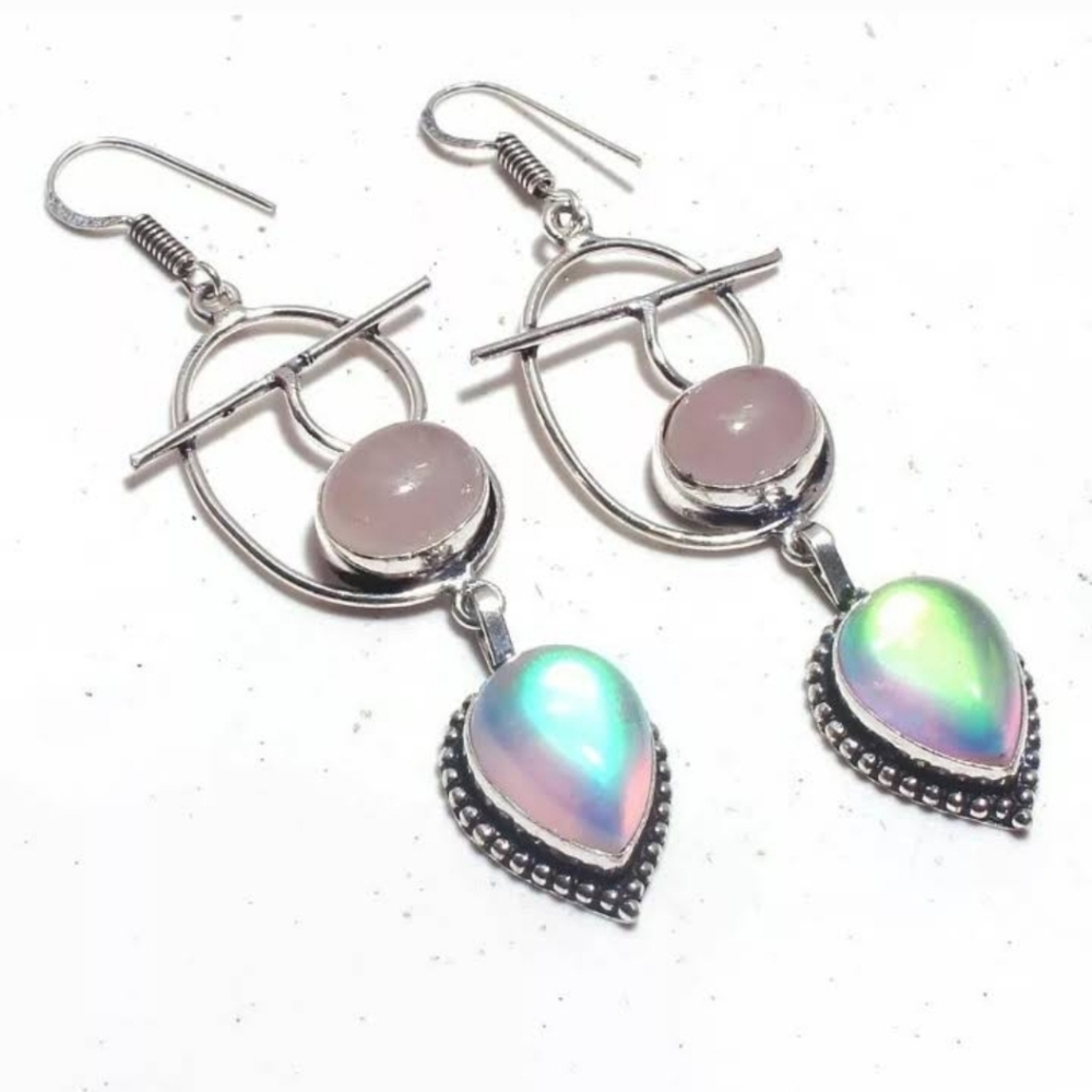 New Rainbow Fire Topaz & Rose Quartz 925 Silver Earrings.